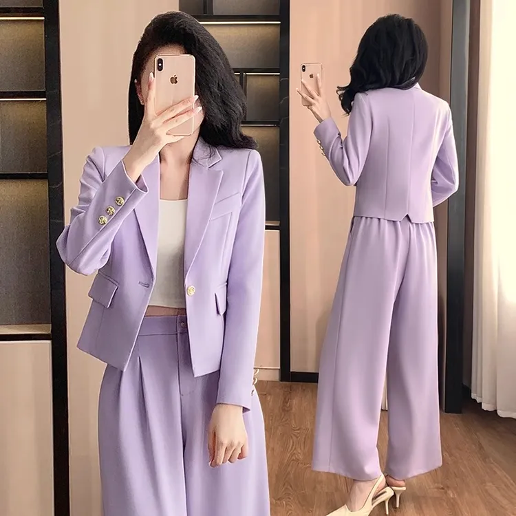 紫色西装套装女春秋新款休闲轻职业短款上衣阔腿裤正装西服工作服