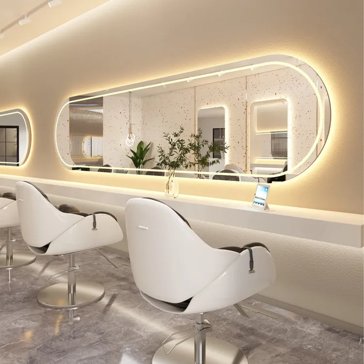 理发店镜子挂墙美发镜台单面烫染镜带灯发廊专用双人连体大通镜