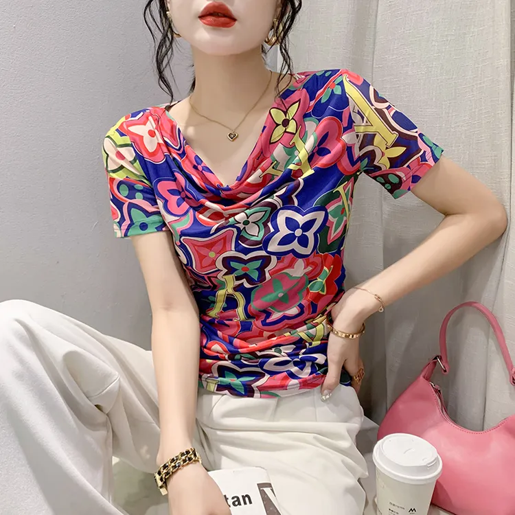 设计感褶皱荡领短袖网纱印花T恤女2023夏季别致修身显瘦洋气上衣