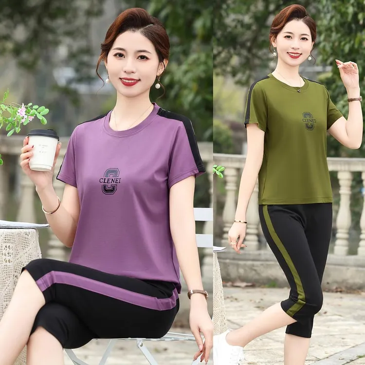 夏季运动套装女小个子两件套时尚气质短袖七分裤女士休闲跑步服