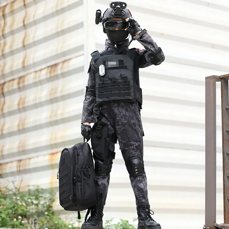 儿童野外作战服迷彩服套装装备长袖户外训练服蛙服黑色演出服