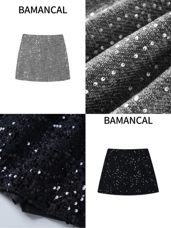 Bamancai-设计感亮片闪闪百搭A字包臀时尚高腰女装显瘦半身裙