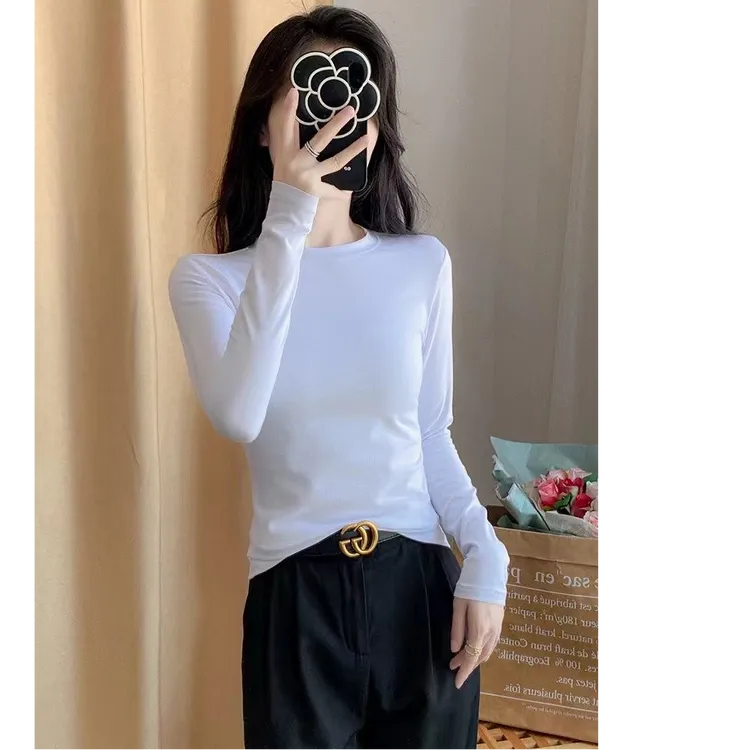 早秋气质高级感圆领长袖纯色打底衫T恤女韩系小蛮腰内搭上衣ins