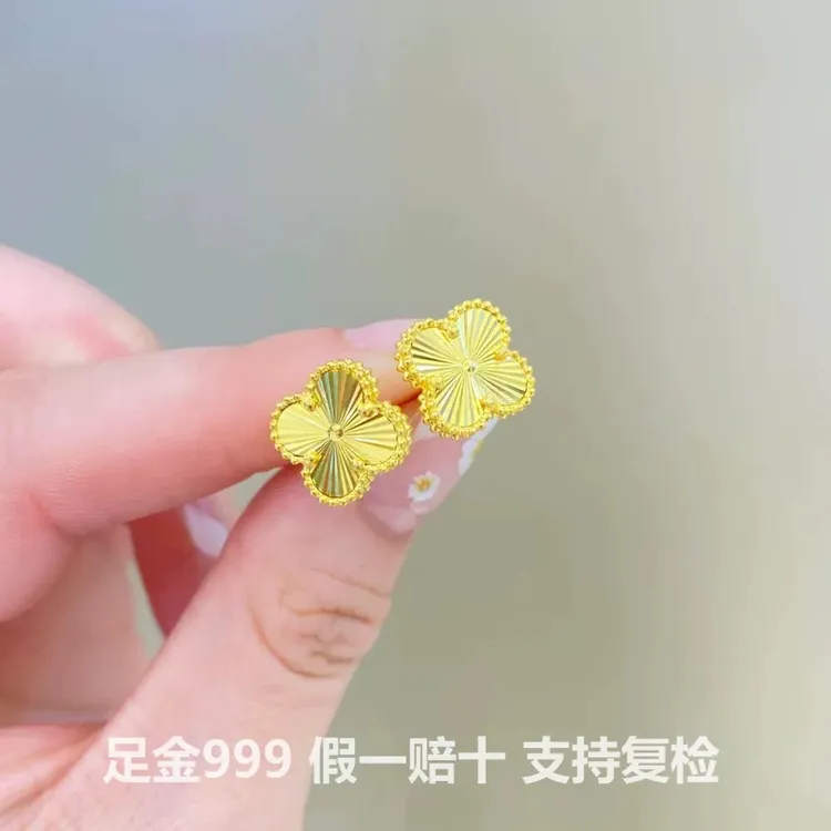 四叶草黄金耳钉999足金luck幸运草耳饰5G金镭射工艺耳环经典系列