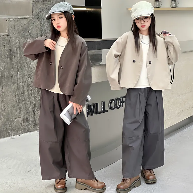 女童套装秋装洋气时髦中大童立领韩版西装外套休闲阔腿裤两件套潮