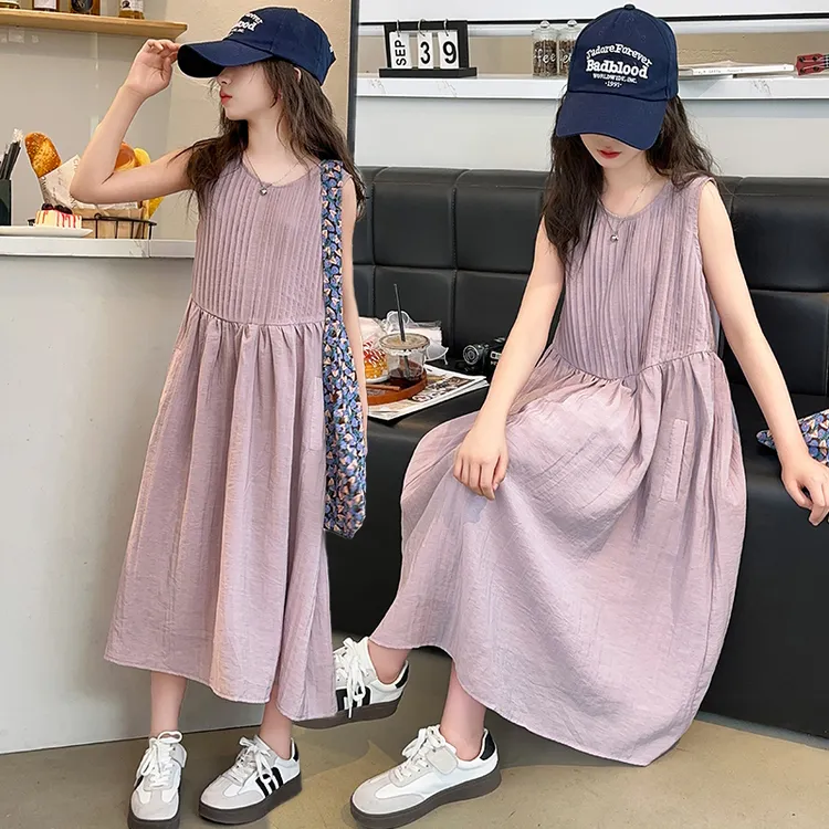 女童紫色无袖连衣裙夏季2025新款法式海边度假压皱高级超仙背心裙