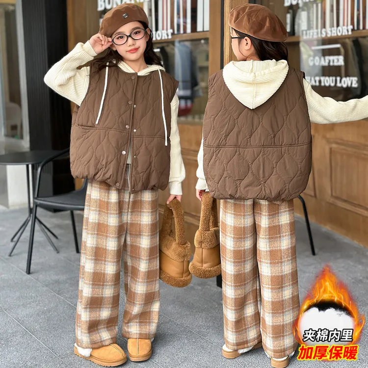 女童冬季加厚加绒马甲韩版2024新款中大童夹棉三件套童装儿童装潮