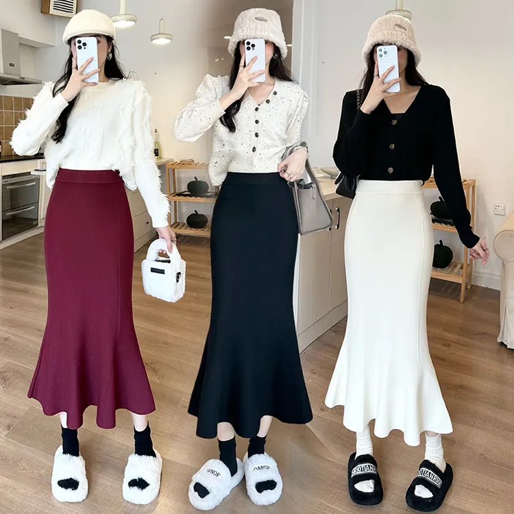 针织裙半身裙女秋冬中长款包臀鱼尾裙2024新款A字裙高腰裙子长裙