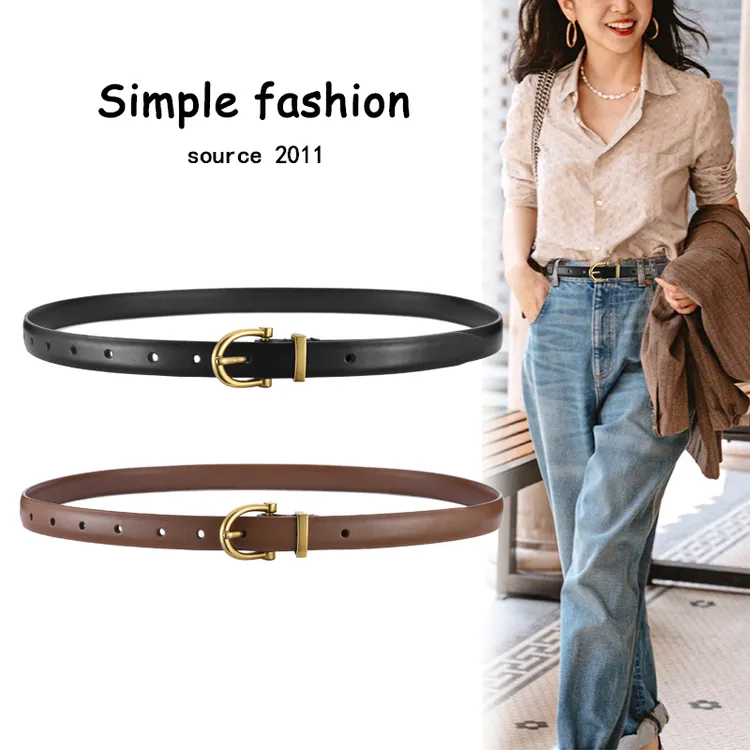 真皮女士腰带配裙子简约百搭牛皮装饰牛仔裤针扣皮带黑色复古潮流