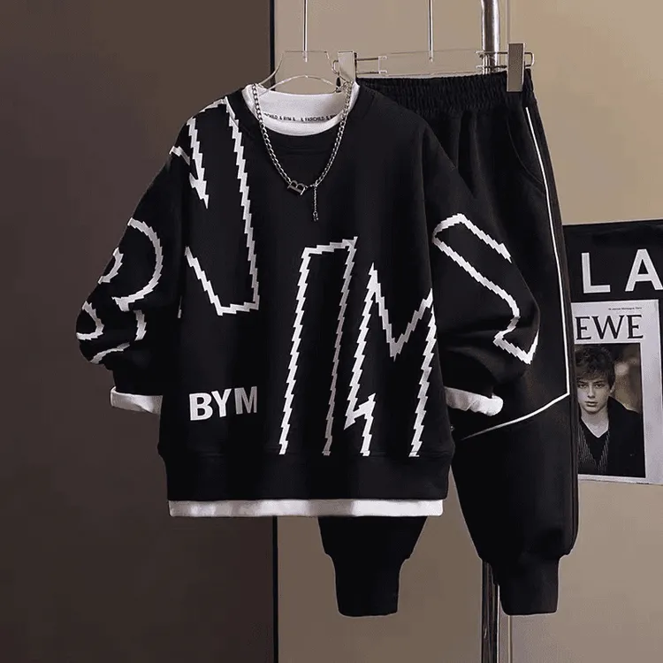 (秋款套装)中大童2024新款时尚印花假两件卫衣宽松洋气童装