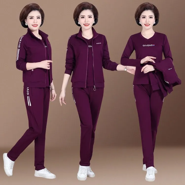 妈妈装中老年三件套春秋外套女套装女大码女装新款潮长袖运动服潮