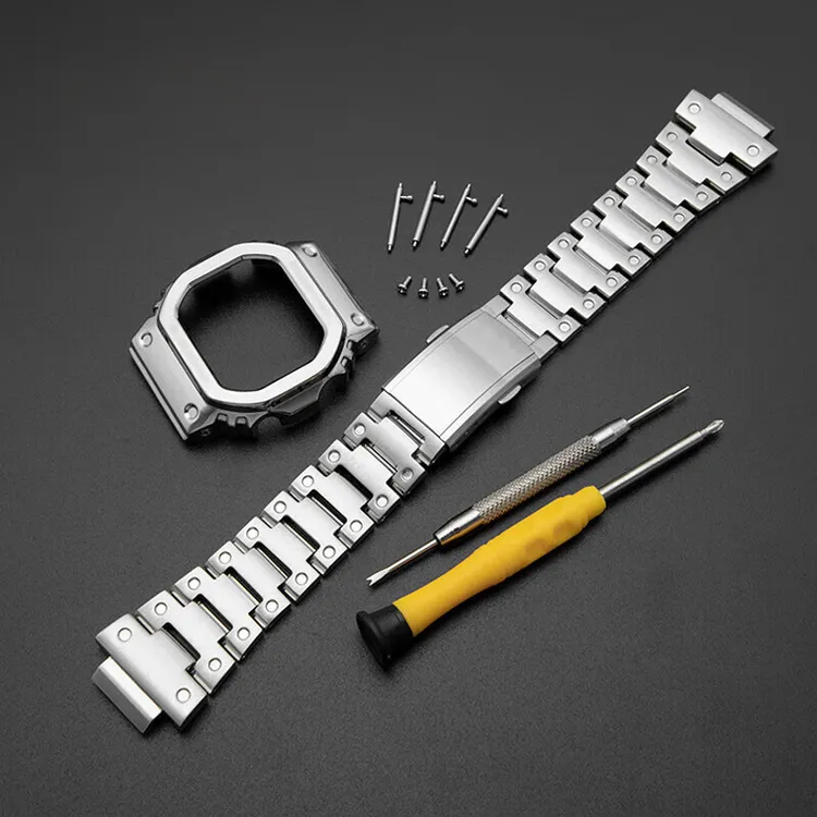 适用卡西欧小方块手表带DW5600个性改装表壳GW5610不锈钢金属表链