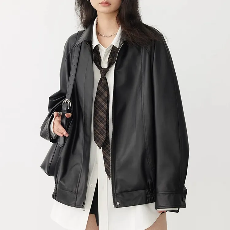皮衣外套女2025秋季新款宽松复古插肩袖PU皮机车服拉链夹克上衣女