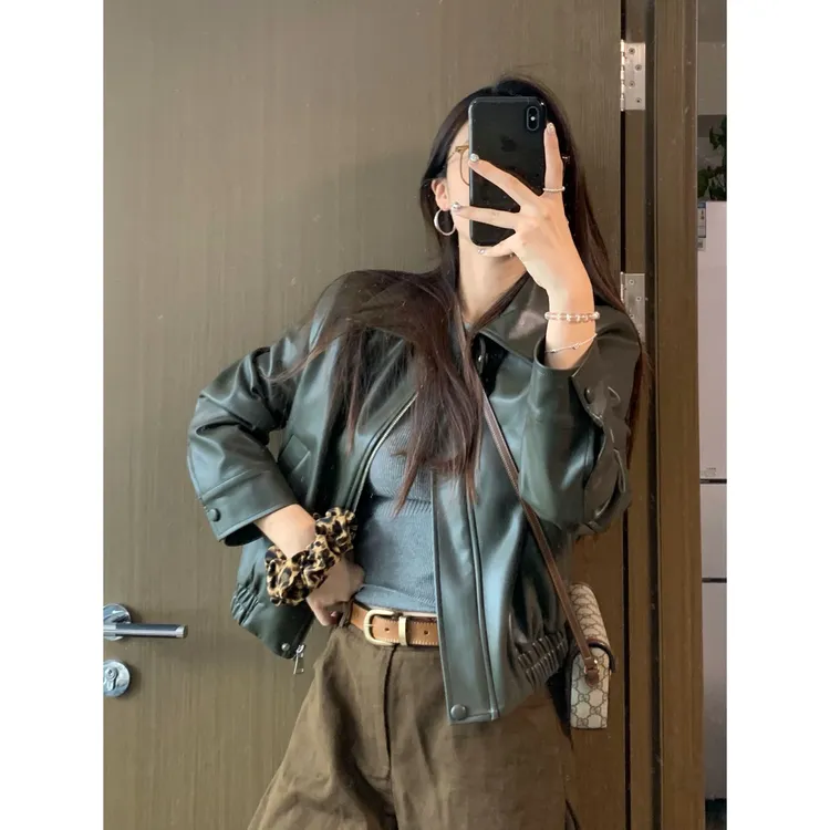 黑色翻领pu皮衣外套女2025春季新款宽松机车服拉链短款夹克上衣女
