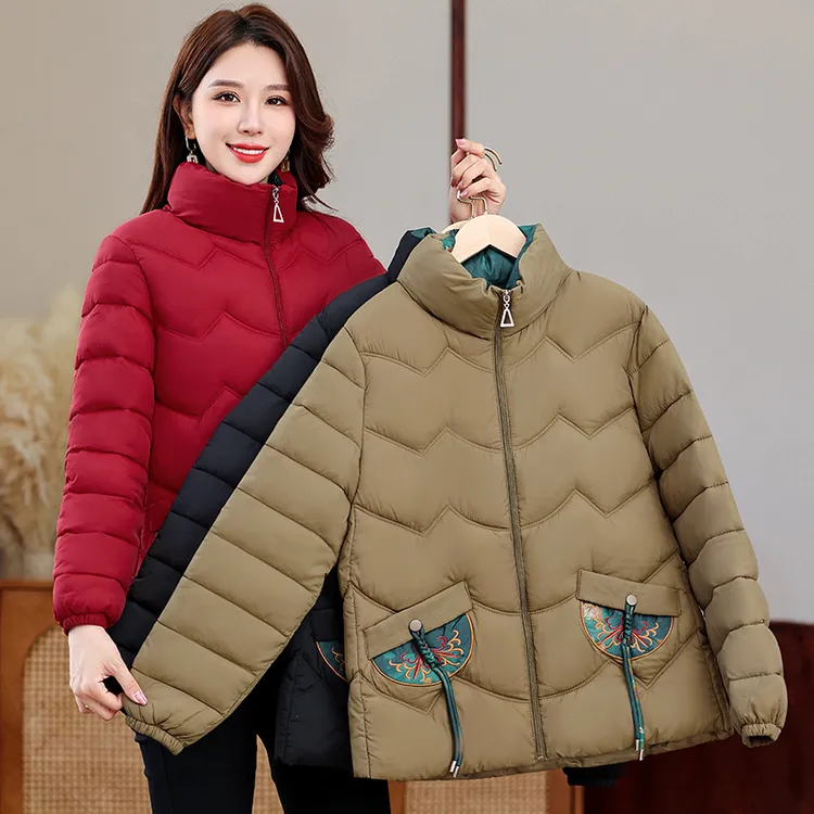 母亲秋冬新款棉服冬季绣花中年妈妈装加厚棉袄外套女装棉衣立领