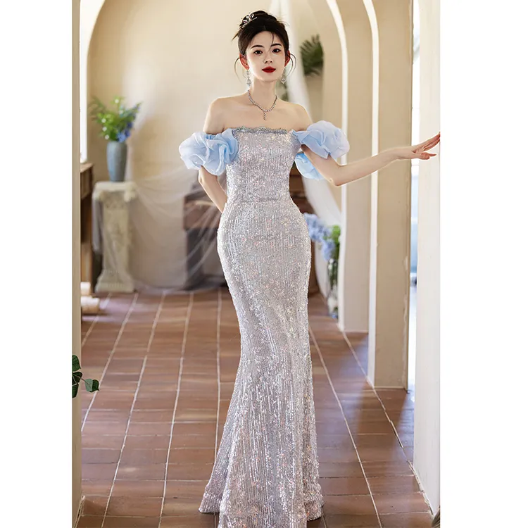 晚礼服女装高端2025新款一字肩主持人鱼尾裙敬酒服新娘订婚礼服女