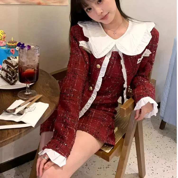 辣妹复古小香风撞色开衫外套冬季纯欲假两件长袖衬衫连衣裙两件套