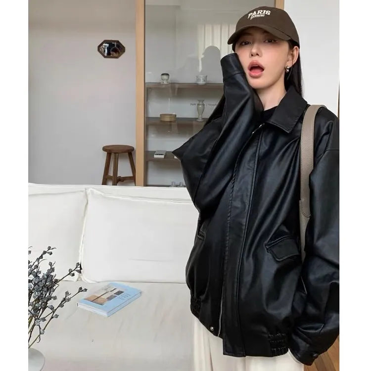 2024秋装慵懒风咖色pu中长款皮衣外套女新款宽松皮夹克衬衫