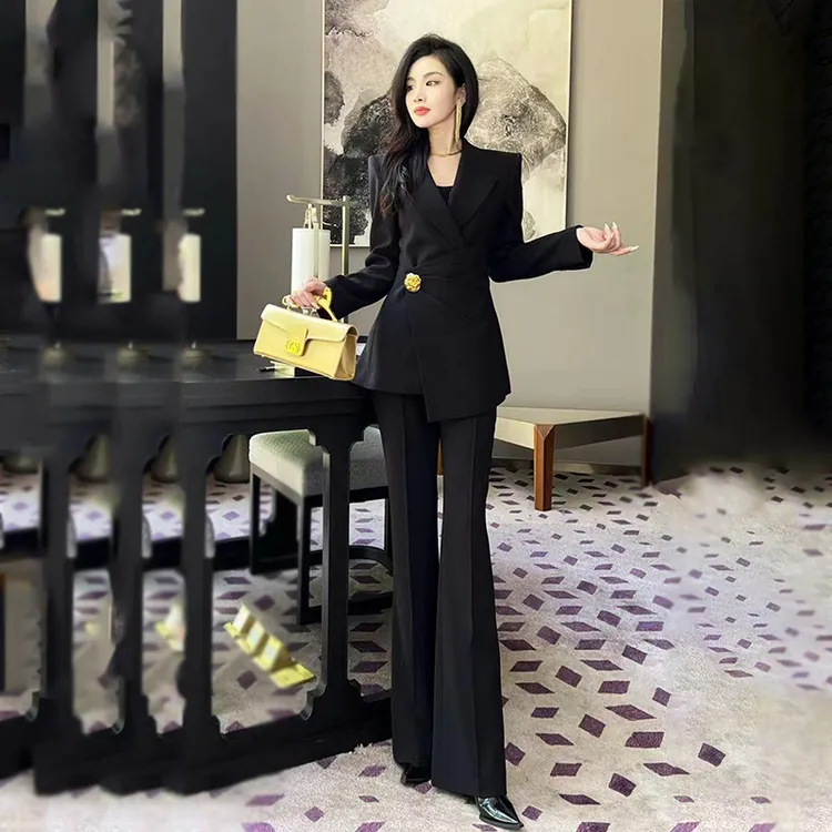 黑色高端西装套装女春秋新款正装修身气质西服微喇裤两件套职业装