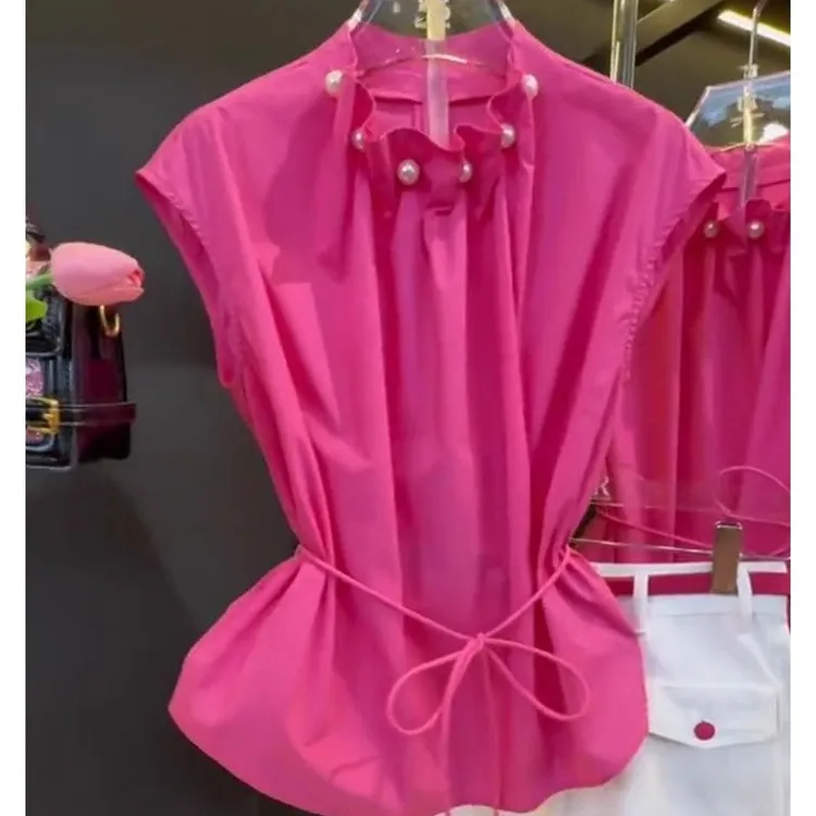 0736夏季新款简约褶皱系带无袖衬衫上衣宽松百搭高腰松紧抽绳衬衣