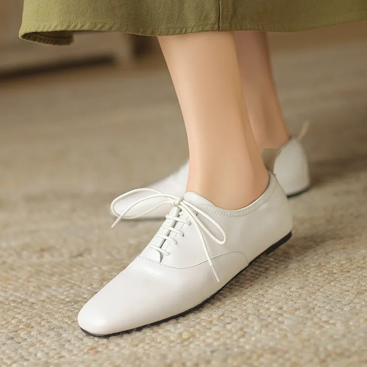 乐福鞋圆头乐福鞋休闲春秋皮鞋单鞋百搭真皮软底复古平底方头系带