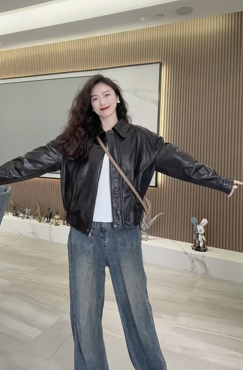 2025-春秋真皮修身常规纯色气质减龄网红短款通勤时尚外套-810
