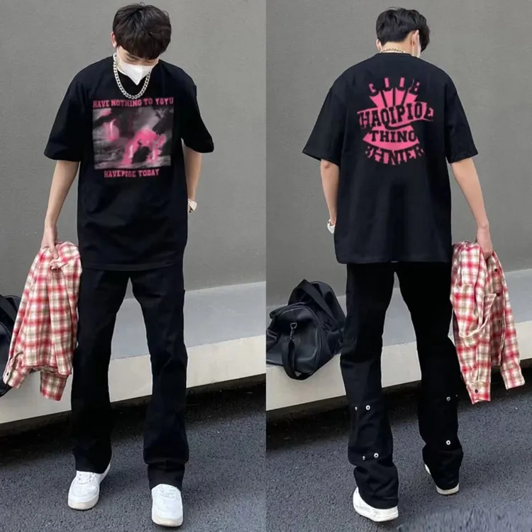 美式高街风重磅纯棉短袖t恤男夏季vibe宽松复古字母印花嘻哈上衣