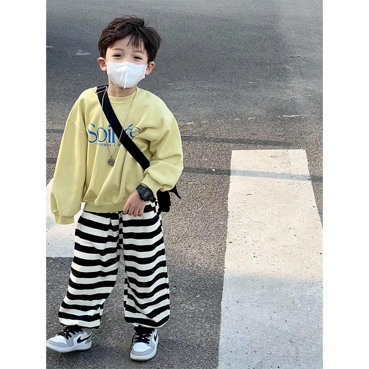  男童春秋卫衣+条纹阔腿裤套装中小童长袖宽松卫衣条纹长裤两件套