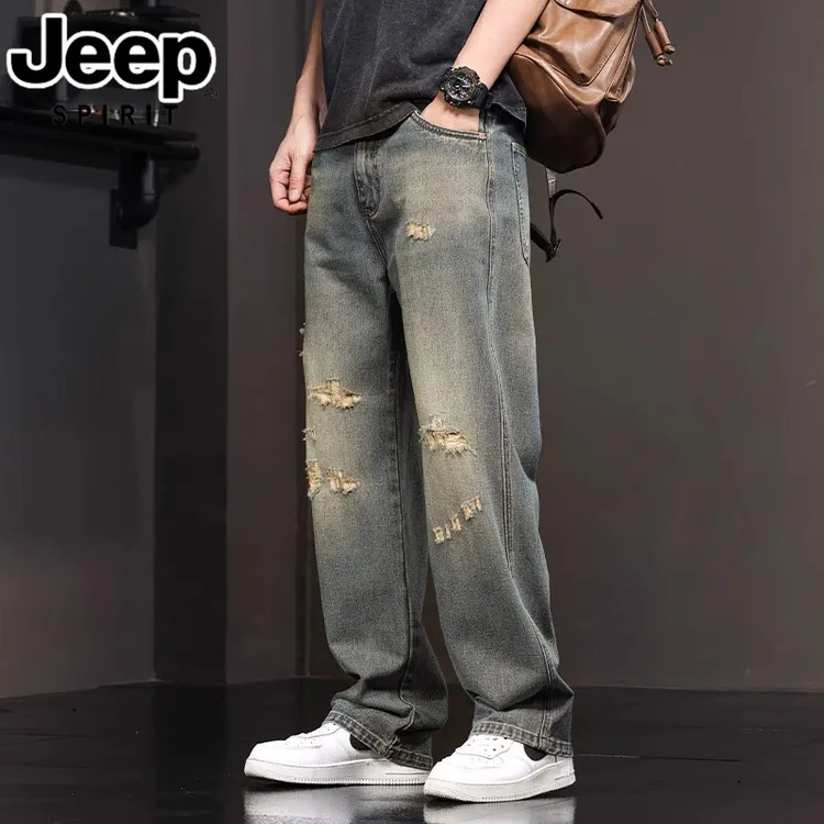 JEEPSPIRIT吉普男士夏季牛仔裤美式破洞直筒宽松阔腿休闲潮流长裤