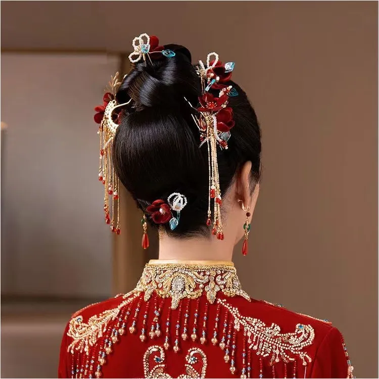 中式新娘古装发饰婚礼秀禾服酒红色绒布花朵小清新古典结婚头饰品