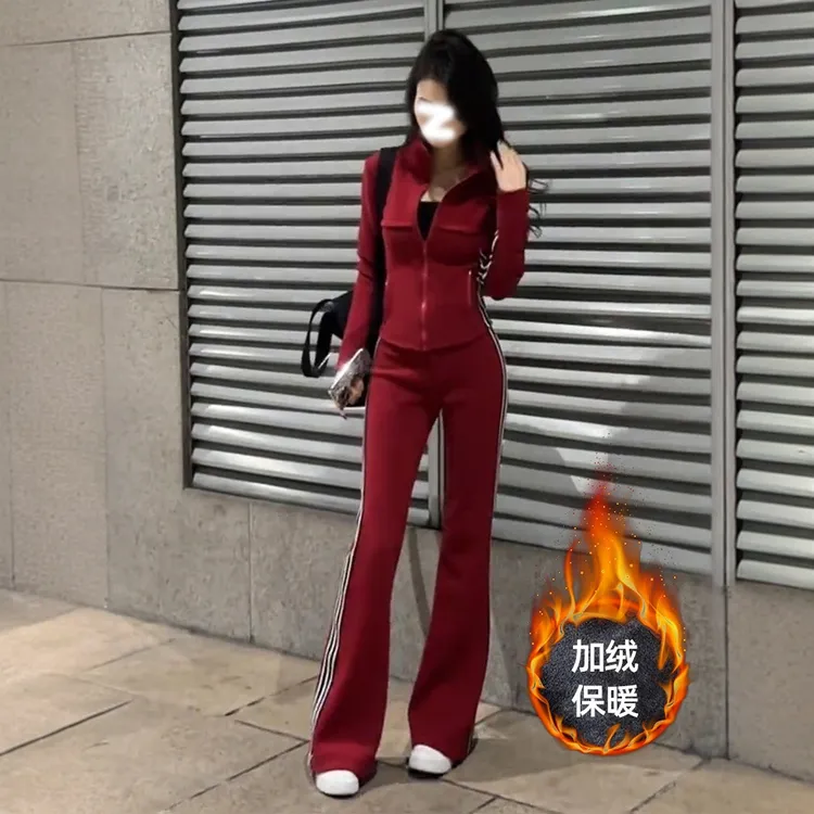 秋冬辣妹气质长袖加绒外套上衣女套装运动高腰休闲喇叭裤子两件套
