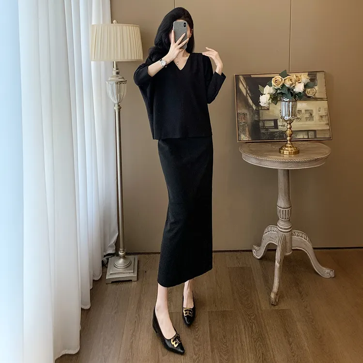 美德拉穿搭高级感时尚套装女早秋V领长袖上衣半身裙长裙两件套装