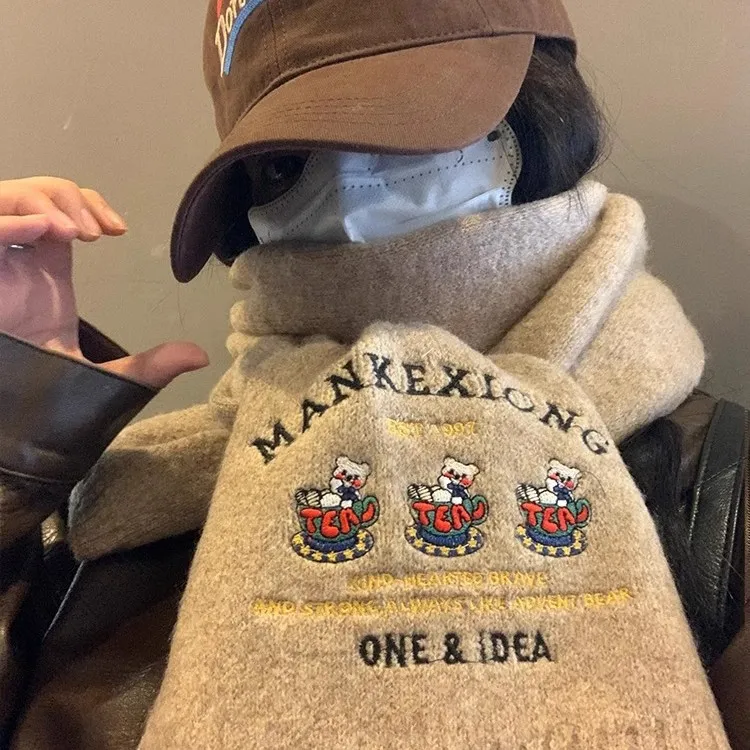 小熊刺绣针织围巾女冬季含羊毛韩版百搭学生保暖加厚高级感围脖潮