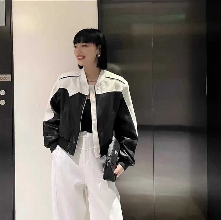 果果家欧韩女装新款设计师款拼色设计简约休闲百搭款宽松外套时尚