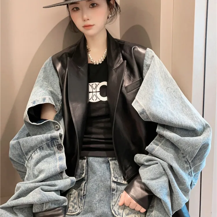 宽松休闲少年感皮外套2025春季新款时尚拼接复古牛仔袖皮衣女