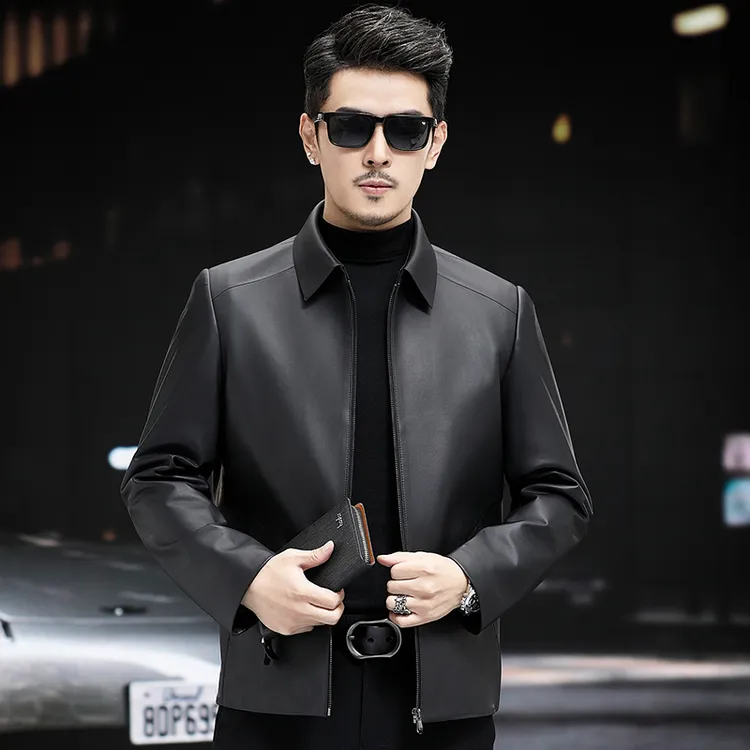 海宁真皮皮衣男外套短款绵羊皮商务翻领秋冬装中年鹅绒皮衣外套男