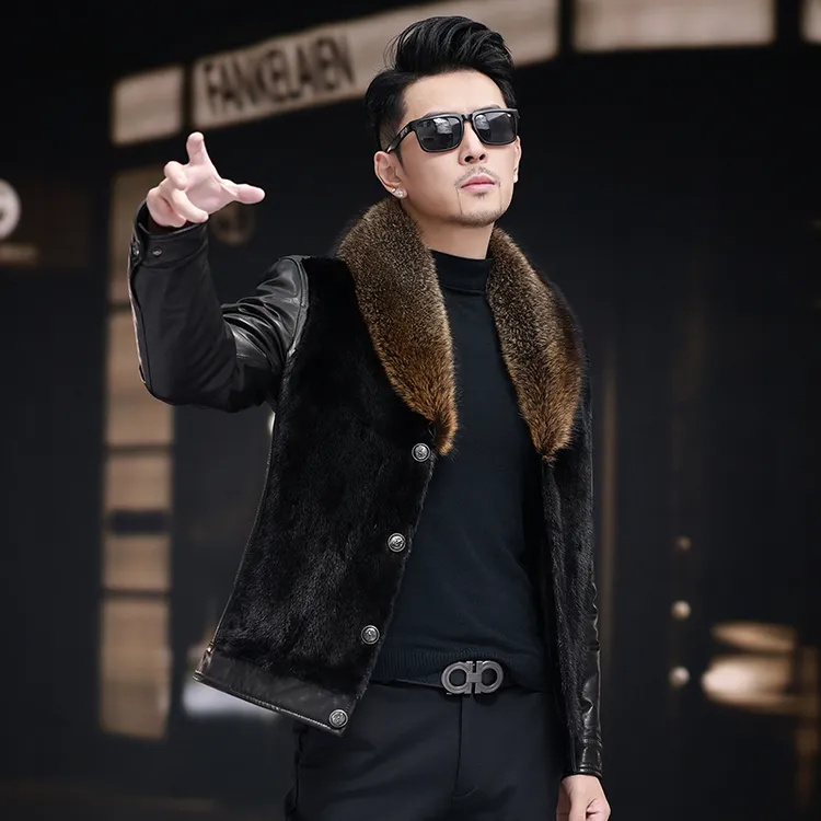 貂皮大衣男整貂加绒保暖外套貉子毛领短款皮衣夹克男真皮羽绒服