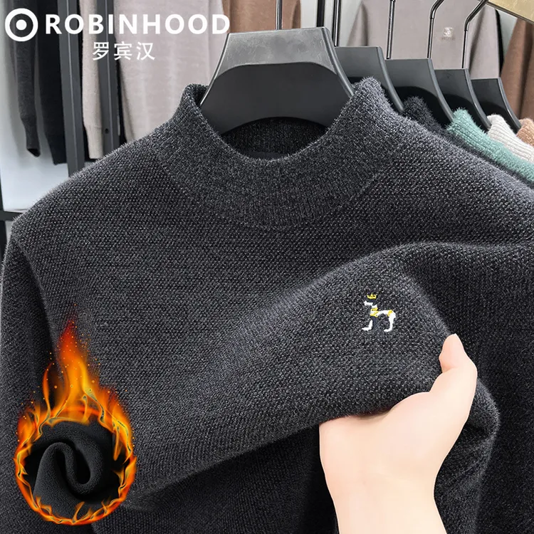 罗宾汉半高领毛衣男士2024冬季新款加绒保暖线衣休闲打底针织衫男