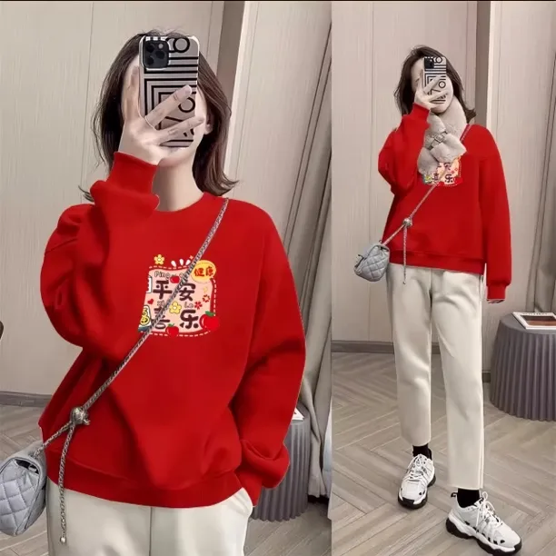 2025蛇年本命年红色加绒圆领卫衣女无帽套头宽松外套春秋冬季上衣