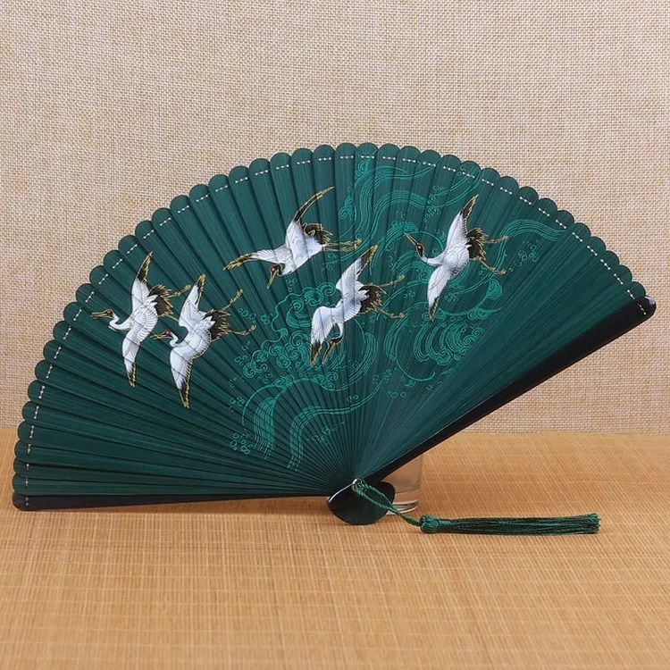 中国风全竹腾云仙鹤折扇高档走秀汉服拍照扇子复古风日式便携竹扇