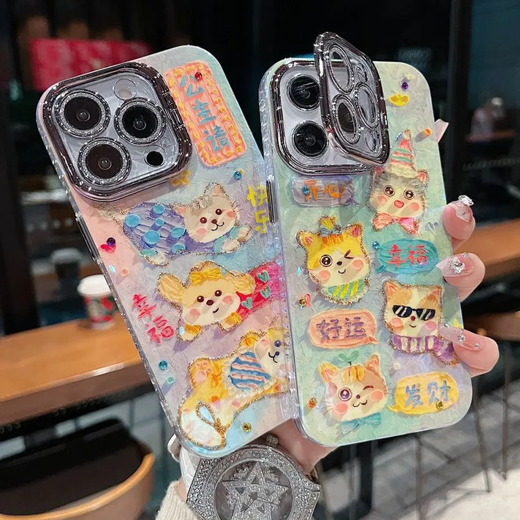适用苹果系列iPhone16新款手机壳文字猫咪银灰闪粉镜头支架保护套