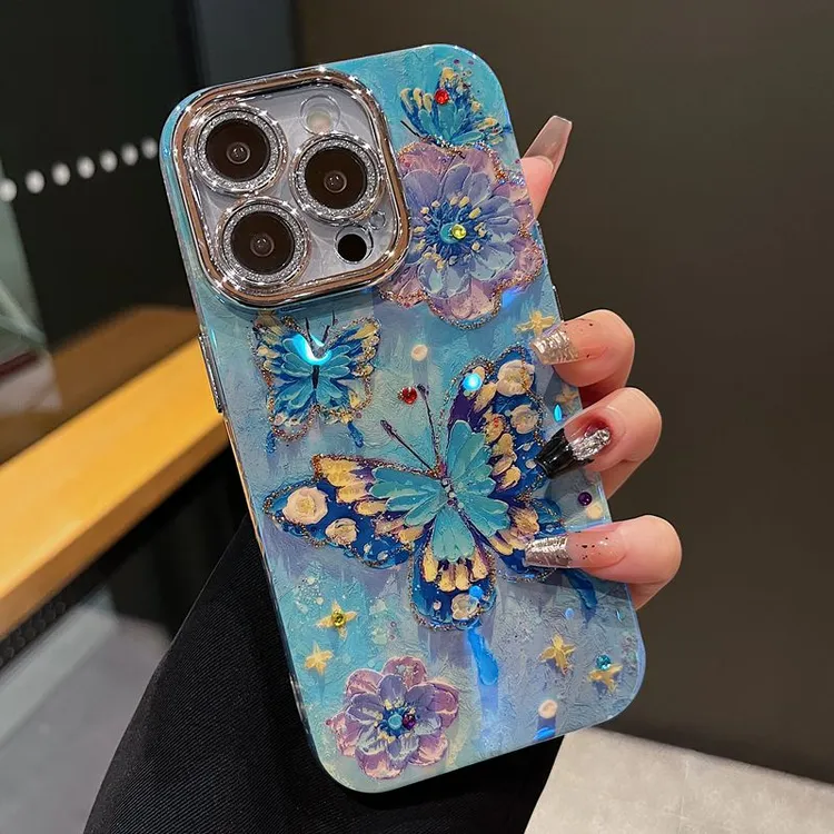 适用苹果系列iPhone15新款手机壳优雅复古蓝色白玫黄翅蝴蝶防摔