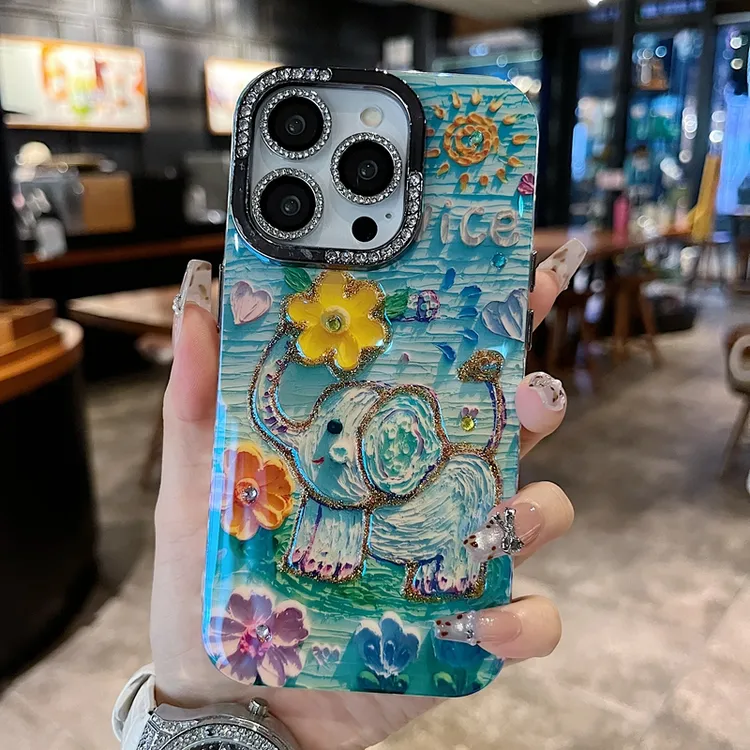 适用苹果系列iPhone16新款手机壳半钻镜框创意卡通ins油画小花象