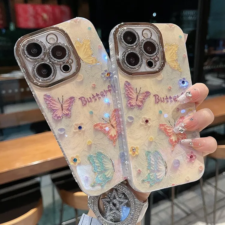 适用苹果系列iPhone16新款手机壳多色蝴蝶全包闪粉镜头膜保护套