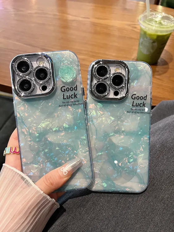 适用苹果系列iPhone15新款手机壳网红女款薄荷绿贝壳纹晕染防摔14