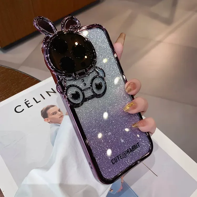 适用苹果系列iPhone14隐形支架新款手机壳电镀闪粉可爱小兔创意13