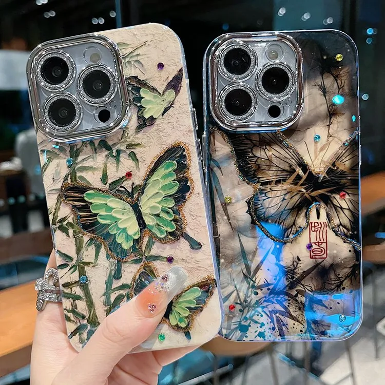 适用苹果系列iPhone15新款手机壳复古中国风水墨竹叶渐变黑蝴蝶14