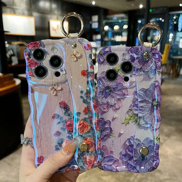 适用苹果系列iPhone15新款手机壳网红女款半边玫瑰手腕带全包透气