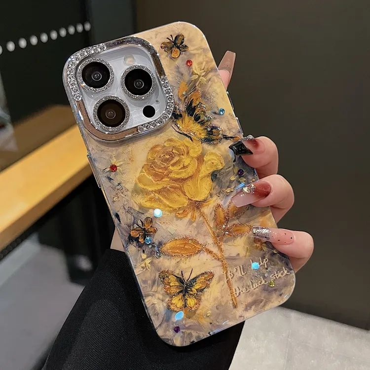 适用苹果系列iPhone15新款手机壳高级半钻镜框复古油画黄玫瑰防摔