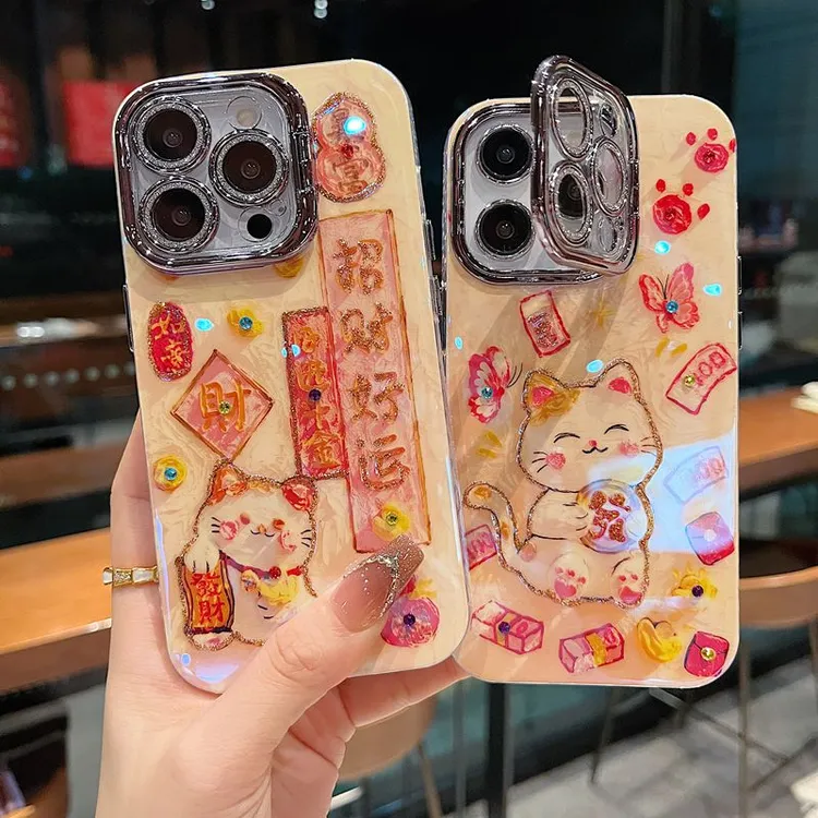 适用苹果系列iPhone16新款手机壳可爱招财猫银灰色闪粉镜头支架